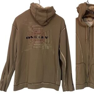 Oakley Mens Tan Thermal Zip Up Hoodie Sweatshirt Sherpa Lined Embroidered Y2K XL
